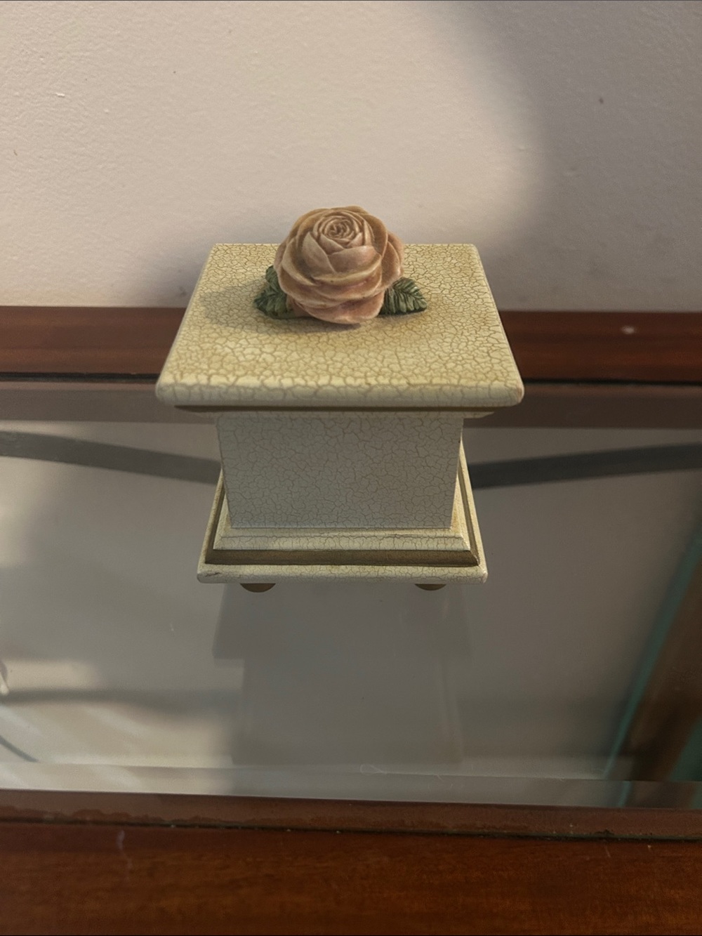 Decorative Cream Crackle Trinket Box with Pink Rose Accent